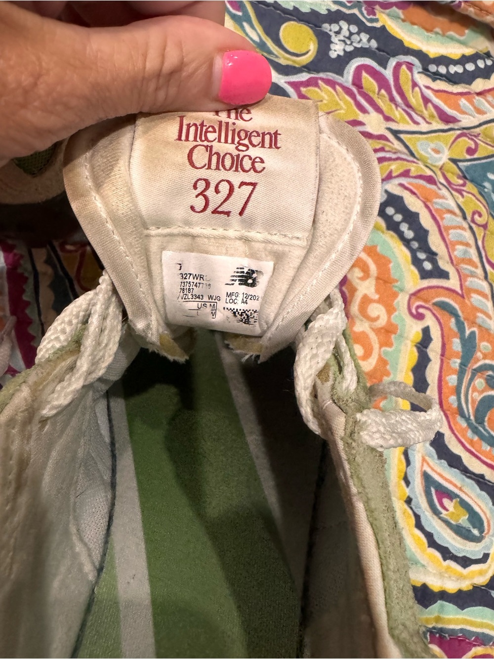 New Balance 327 Lime Green Suede Mesh Sneaker with Cream Accents and White Laces - Picture 8 of 8